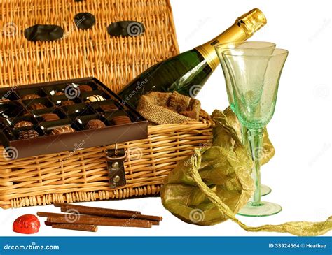 Chocolates And Champagne Hamper Stock Photo Image Of Wicker Glasses