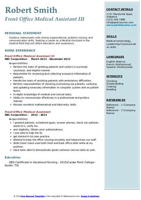 Front Office Medical Assistant Resume Samples Qwikresume