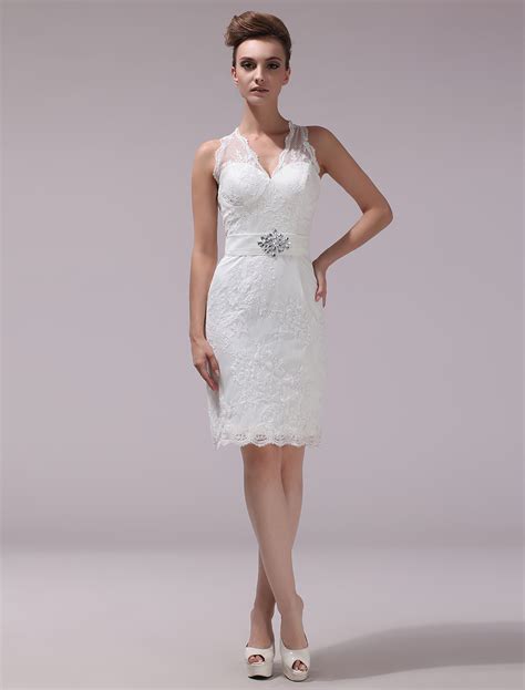 White Sheath Rhinestone Knee Length Lace Wedding Reception Dress With V Neck Milanoo