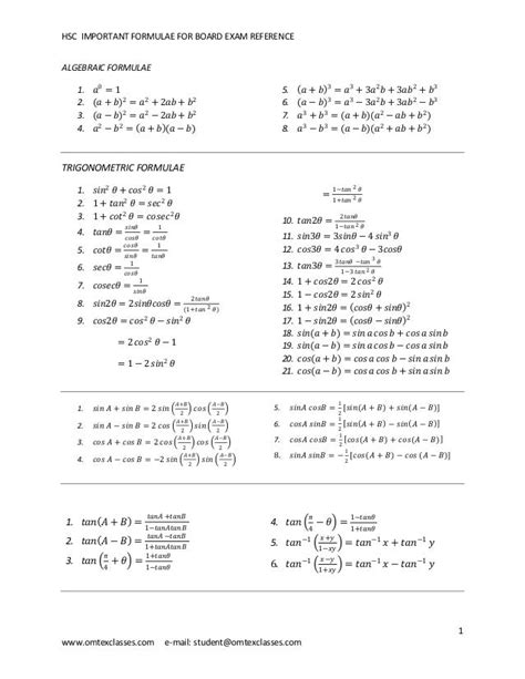 Hsc Maths Formulae For Board Exam