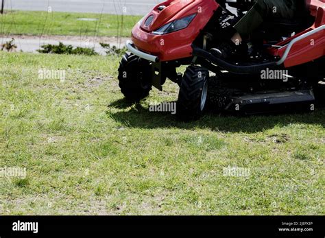 Mowing The Lawn On Green Grass Landscaping Stock Photo Alamy