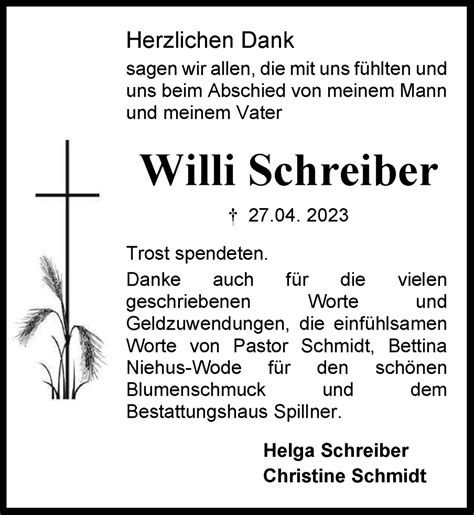 Traueranzeigen Von Willi Schreiber Harztrauer De