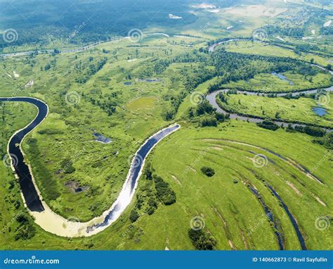 Aerial Landscape Of Winding River In Green Fields Stock Image Image