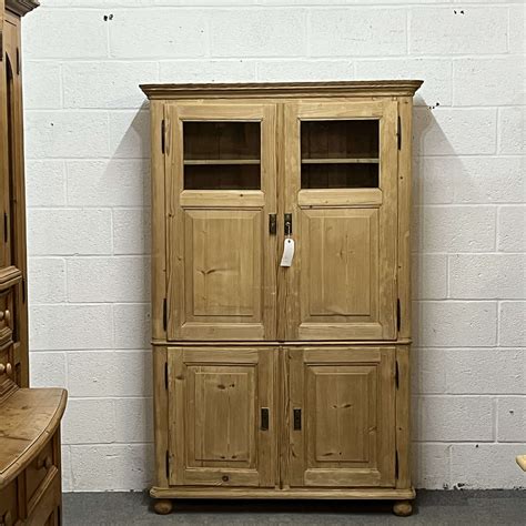 Large Shallow Old Pine Cupboard With 4 Doors In Antique Cupboards