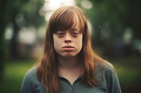 Retrato de una mujer adulta con síndrome de down de pie al aire libre