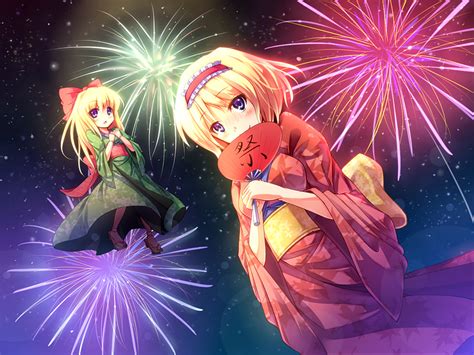 2girls Alice Margatroid Blonde Hair Bow Doll Fan Fireworks Headband Japanese Clothes Kimono