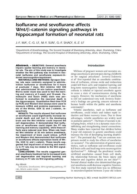 PDF Isoflurane Sevoflurane And Wnt B Catenin Pathways In Posed