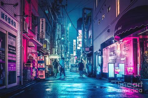 Tokyo Midnight Rain Pink and Blue aesthetic neon Painting by Nicole ...