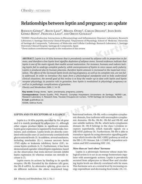 Pdf Relationships Between Leptin And Pregnancy An Update