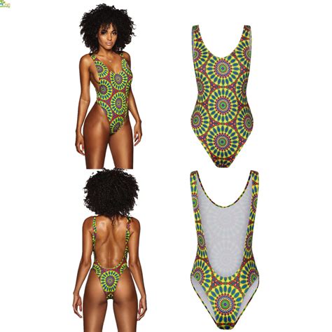 Green Floral Print One Piece Monokini Bikini Sexy High Cut Swimsuits Bathing Suit Back Hollow
