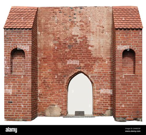 Ancient Red Brick Wall With Arch Niches For Statues Isolated On White