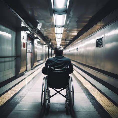 Homem em cadeira de rodas está esperando o trem na estação de metrô