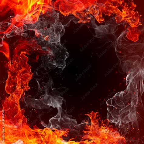 Fire Fiery Background Red Flames Sparks And Waving White Smoke On