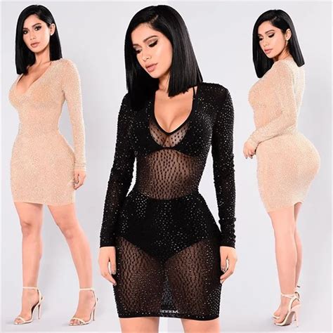 Buy Sexy Sheer Mesh Rhinestone Long Sleeve Bodycon Dress Women Deep V Neck See