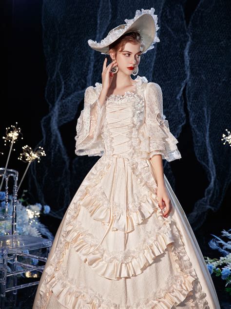 Rococo Victorian Retro Costume Dress Layered Ruffles Lace Cotton