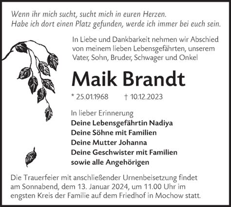 Traueranzeigen Von Maik Brandt Lr Online Trauer De