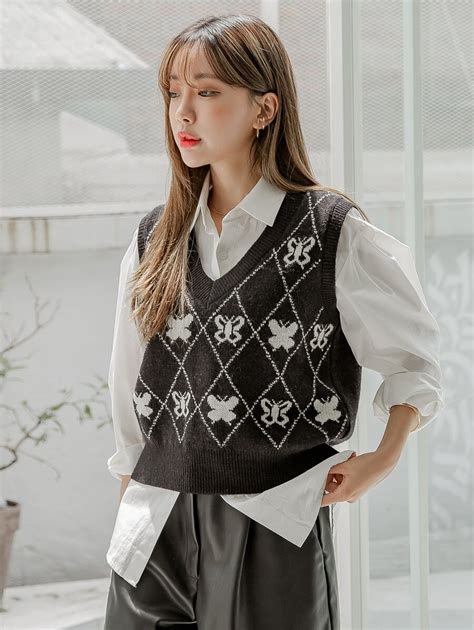 Dazy Argyle Butterfly Pattern Sweater Vest Without Blouse Shein Uk