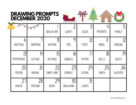 Drawing Prompts December 2023 printable PDF