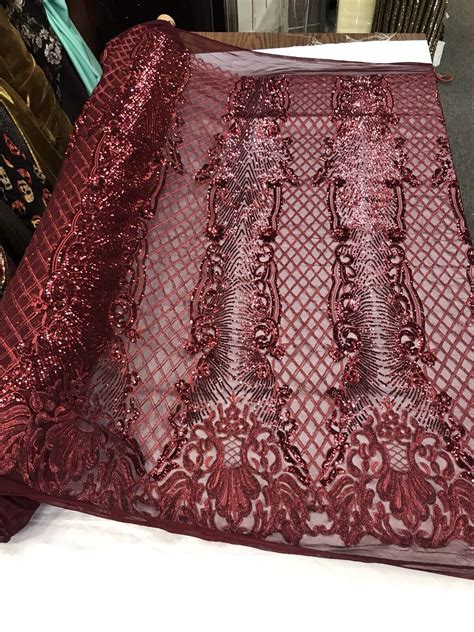 Burgundy Shiny Sequin Damask Design Embroidery On A Way Stretch Mesh