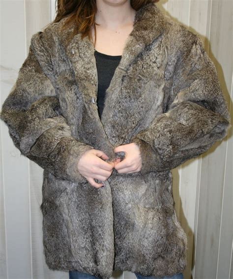 Vintage Natural Gray Rabbit Fur Stole Coat Short Trench Jacket Ml