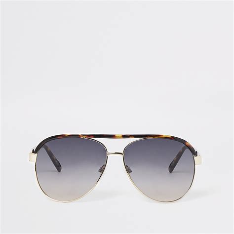 Gold Tone Tortoise Shell Aviator Sunglasses River Island