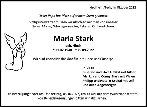 Trauer Maria Stark Teckbote Trauerportal