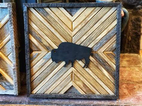 Four - Stunning wood mosaic art featuring a majestic buffalo using