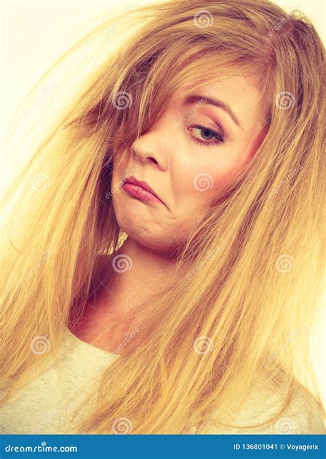 Sad Blonde Woman With Messy Hair Stock Image Image Of Tired
