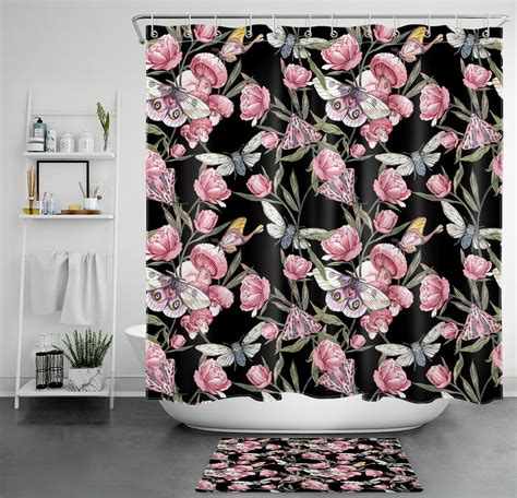 Moth Butterfly Mushroom Pink Floral Black Shower Curtain Set For