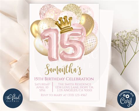 15th Birthday Invitation Template Editable Blush And Gold Etsy