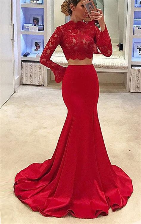 Macloth Mermaid Long Sleeves Lace Red Prom Dress Long Formal Evening G