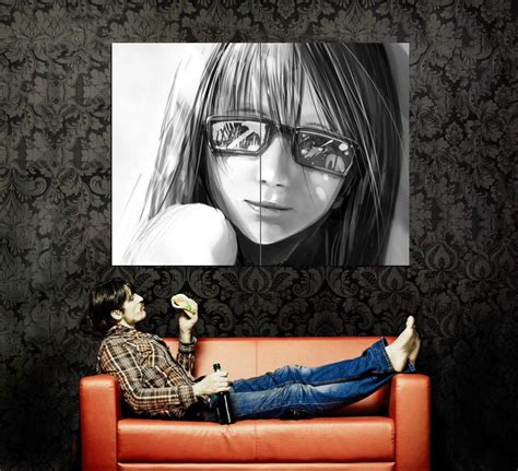 Beautiful Anime Girl Bw Portrait Drawing Art Huge X Print Poster