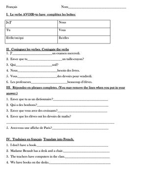 French Irregular Verb AVOIR Worksheet By Chez Madame M TPT