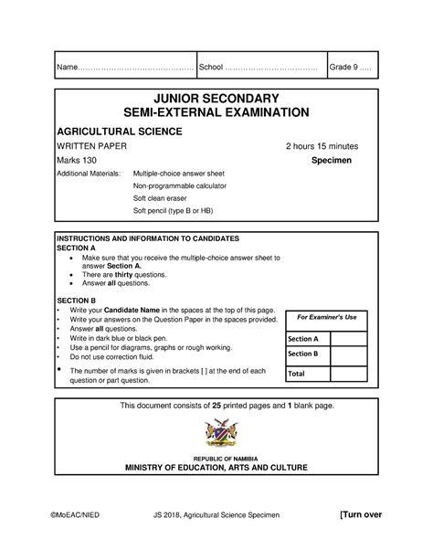 Agricultural Science Specimen Paper Grade 9 Markscheme ©moeacnied Js 2018 Agricultural