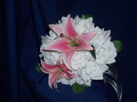 White Roses & Pink Tiger Lily Bouquet | Lily bouquet wedding, Rose