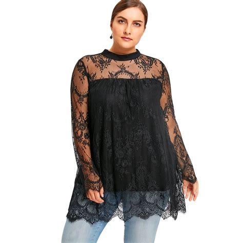 Gamiss Women Lace Tops Plus Size Lace Scalloped Edge T Shirts Autumn