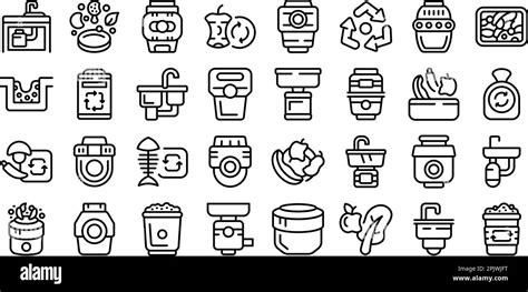 Food Waste Disposer Icons Set Outline Vector Garbage Sink Waste Food