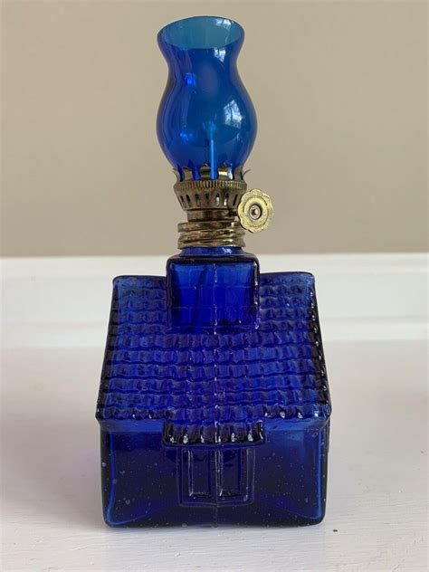 Vintage Miniature Cobalt Blue Glass Cabin Oil Lamp 6 2941071866