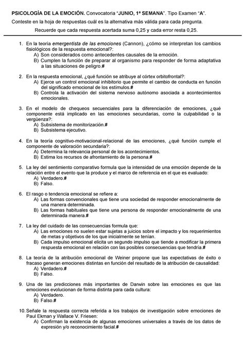 Examen Junio Preguntas Y Respuestas Psicolog A De La Emoci N