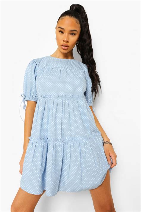 Womens Polka Dot Puff Sleeve Tiered Smock Dress Boohoo Uk