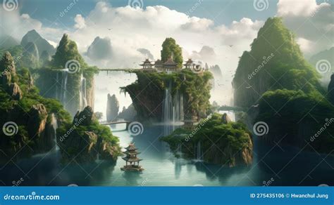 Chinese Style Fantasy Landscape Illustration Castle And Islands