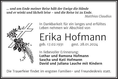 Traueranzeigen Von Erika Hofmann Abschied Nehmen De