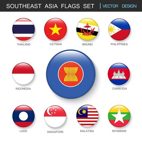 Premium Vector | Southeast Asia flags set and members in botton stlyevector design element ...