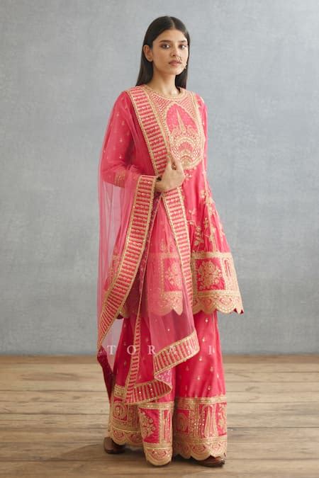 Buy Pink Raw Silk Hand Embroidered Dori Gul Meera Anarkali Sharara Set