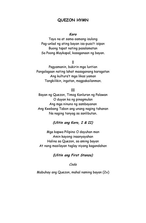 Quezon Hymn For Guide And Reference Quezon Hymn Koro Tayo Na At