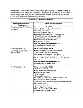 Pragmatic Language Inventory of Skills Checklist / Template for SLP ... 