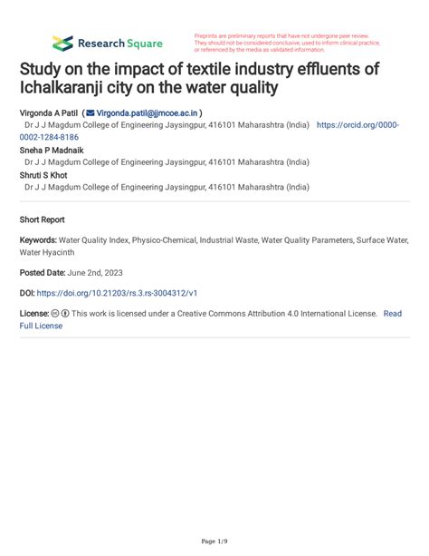 Pdf Study On The Impact Of Textile Industry Effluents Of Ichalkaranji