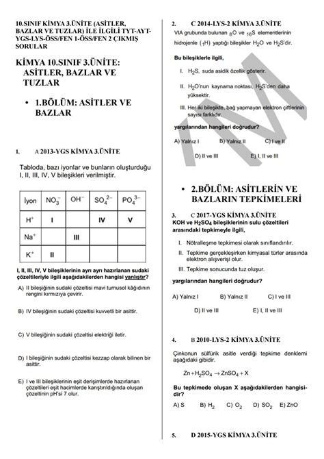 TYT Kimya Asitler ve Bazlar Soruları ve Çözümleri Eğitim Damarı