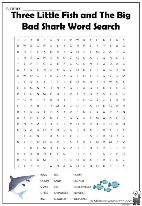 Three Little Fish And The Big Bad Shark Word Search Monster Word Search