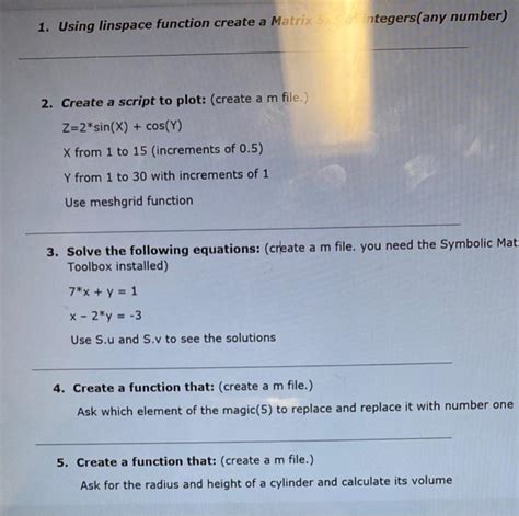 Solved 1 Using Linspace Function Create A Matrix Tegersany